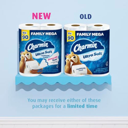 Charmin Ultra Soft Cushiony Touch Toilet Paper, 18 Family Mega Rolls = 90 Regular Rolls (Packaging May Vary)