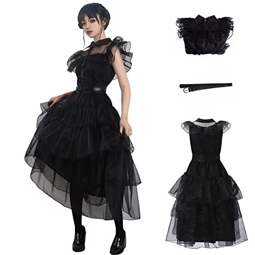 Family Wednesday Costume Women Girl Vintage Goth Black Dress Cosplay Tulle Lace Skirt Halloween Party Outfit (-Medium-Dress)