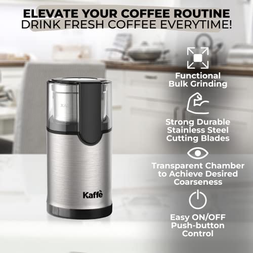 Kaffe Electric Coffee Bean Grinder w/Removable Cup & Cleaning Brush. Easy On/Off Operation for Espresso, Cold Brew, Herbs, Spices, Nuts. (14 Cup / 3.5oz) Stainless Steel