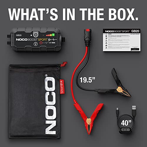 NOCO Boost Sport GB20 500A UltraSafe Car Battery Jump Starter, 12V Jump Starter Battery Pack, Battery Booster, Jump Box, Portable Charger and Jumper Cables for 4.0L Gasoline Engines