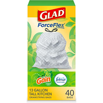 GLAD ForceFlex Tall Drawstring Trash Bags, 13 Gallon White Bags for Kitchen Can, Gain Original Scent to Eliminate Odors, 40 Count