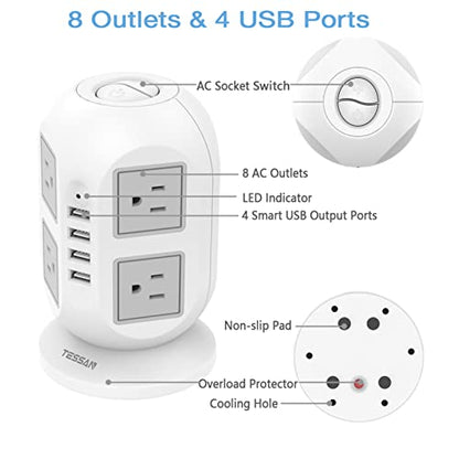 Tower Surge Protector Power Strip 10 ft Cord, TESSAN Long Extension Cord with Multiple Outlets, 8 AC Outlets with 4 USB Ports Charging Station, Home Office Supplies, Dorm Room Essentials