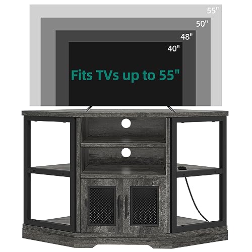 YITAHOME Corner TV Stand for TVs up to 55 Inch with Power Outlet, Modern Farmhouse Entertainment Center, Wood TV Media Console with Storage Cabinets Shelves for Living Room Bedroom, Gray Oak