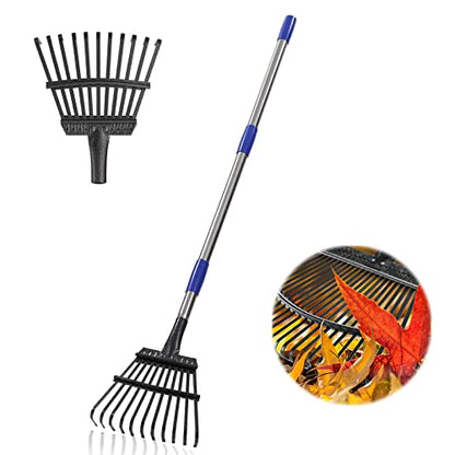 Garden Rake -Small Leaves Rakes for Gardening - 11 Metal Tines 8.5" Wide - 78" Long Handle Leaf Rakes for Lawns Heavy Duty for Yard Lawn Shrub Garden Beds