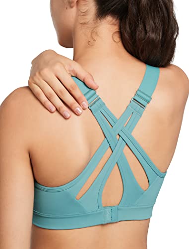 Yvette Sports Bra High Impact Adjustable Criss Cross Back, Full Support for Large Bust No Bounce, Sky Blue