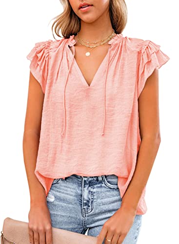 Dokotoo Womens Boho Tops and Blouses V Neck Cap Sleeve Ladies Summer Solid Color Dressy Flowy Ruffle Shirts with Drawstring Medium Pink