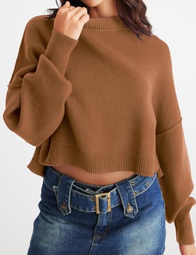 MEROKEETY Womens Cropped Sweaters Causal Crewneck Batwing Sleeve Knit Top Side Split Oversized Pullover Sweater Jumper Brown Large