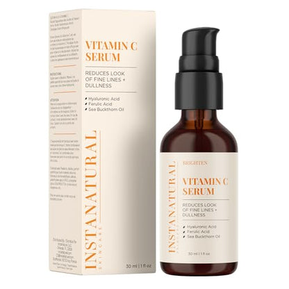 InstaNatural Vitamin C Face Serum, Brightens, Hydrates and Reduces Signs of Aging, with Vitamin C, Hyaluronic and Ferulic Acid, 1 FL Oz