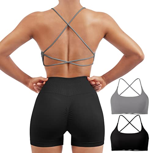 SUUKSESS Women 2 Piece Open Back Sports Bra Pack Strappy Workout Gym Yoga Crops (Grey & Black, M)