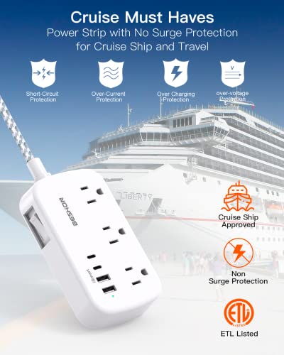 Flat Extension Cord, 5FT Flat Plug Power Strip with USB C, 6 Outlets 4 USB Ports (2 USB C) Slim Desk Charging Station, Power Strip with No Surge Protector for Cruise Ship, Dorm Room Travel Essentials