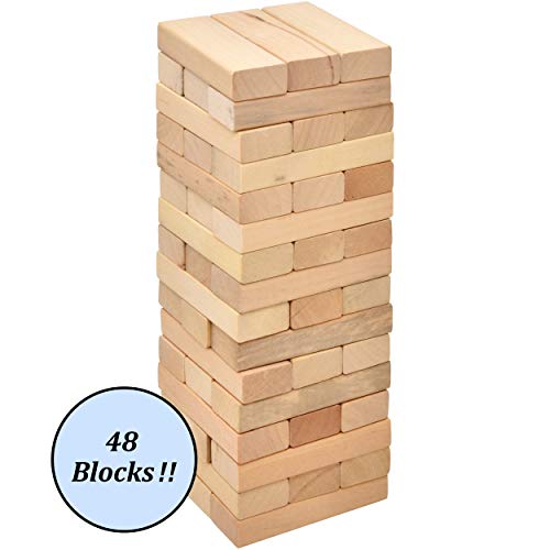 Number 1 in Gadgets Timber Tower Wood Block Stacking Game, 48 Piece Classic Wooden Blocks for Building, Toppling and Tumbling Games, Deluxe Stacking Game