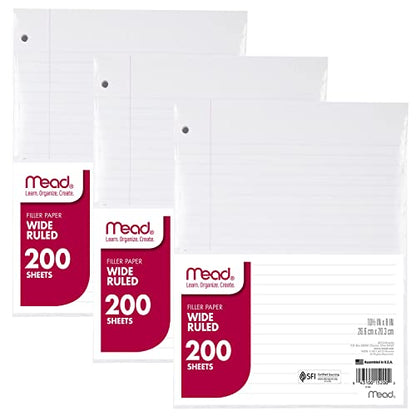 Mead Loose Leaf Paper, Notebook Paper, Wide Ruled Filler Paper, Standard, 8 x 10.5, 200 Sheets per Pack (73183), Pack of 3 White