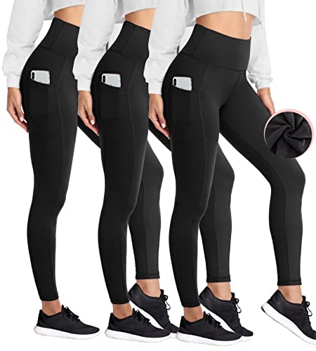 HIGHDAYS 3 Pack Fleece Lined Leggings for Women with Pockets - High Waist Thermal Warm Women's Workout Running Yoga Pants, Black/Black/Black, Plus Size