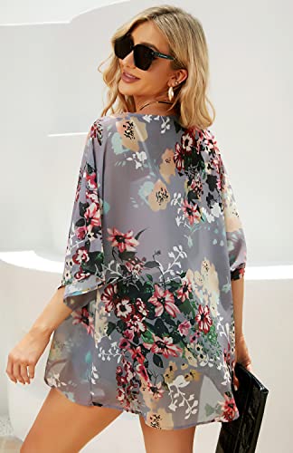 Women's Floral Print Puff Sleeve Kimono Cardigan Loose Cover Up Casual Blouse Tops(Dark Grey,L)