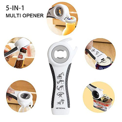 Jar Opener Bottle Opener for Weak Hands, 5 in 1 Multi Function Can Opener Bottle Opener Kit with Silicone Handle Easy to Use for Children, Elderly and Arthritis Sufferers (NEW White)