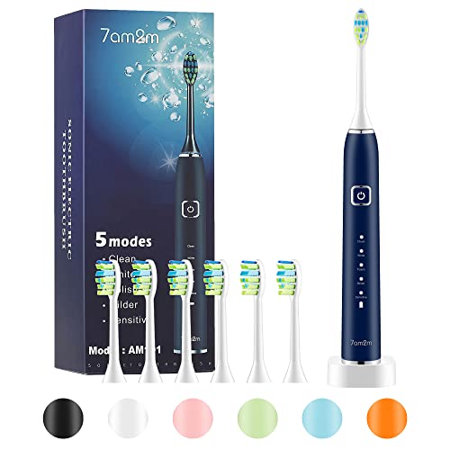7AM2M Sonic Electric Toothbrush with 6 Brush Heads for Adults and Kids, One Charge for 90 Days, Wireless Fast Charge, 5 Modes with 2 Minutes Build in Smart Timer, Electric Toothbrushes(Navy Blue)