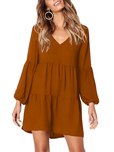 Amoretu Women Long Sleeve Tunic Dress V Neck Swing Shift Dresses(Brown,Large)