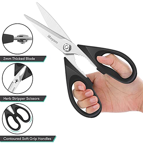 Kitchen Poultry Shears, iBayam Meat Scissors Heavy Duty Dishwasher Safe Food Cooking Shears All Purpose Stainless Steel Utility Scissors, 2-Pack, Black, Aqua Sky