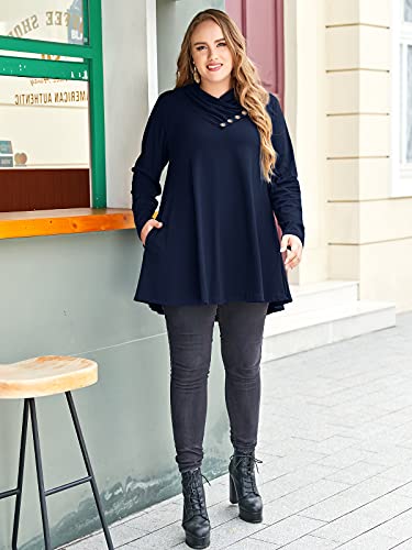 LARACE Cowl Neck Sweatshirts For Women Plus Size Tops With Pockets Long Sleeve Tunic Casual Pullover Button Down Shirt, Navy Blue M