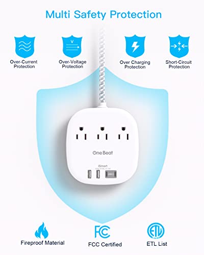 Flat Plug Power Strip, 5ft Ultra Flat Extension Cord - 3 Outlets 4 USB Ports (2 USB C) 22.5W/4.5A Desktop Charging Station, Power Strip No Surge Protection for Cruise Ship, Dorm Room Travel Essential