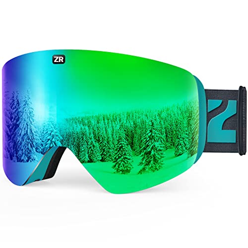 ZIONOR X11 Ski Snowboard Snow Goggles with Magnetic Interchangeable Cylindrical Lens Anti-fog UV Protection for Men Women Adult （Grey Revo Green Lens）