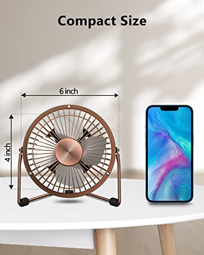 Zuvas Desk Fan Quiet Small USB Fan 360° Rotation Portable Table Fan 2 Speed Mini Personal Fan Air Cooling Electric Fan for Home Office Bedroom Travel Camping, 4 inch Bronze