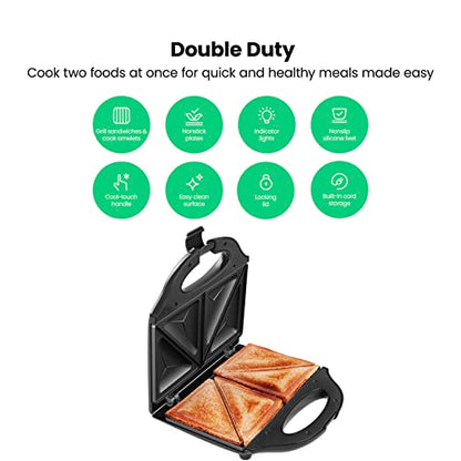 Chefman Portable Sandwich Maker, Compact, Nonstick, Electric Omelet Maker, Panini Press, Pocket Sandwich Press, and Quesadilla Maker, with Indicator Lights, Locking Lid, and Cord Storage