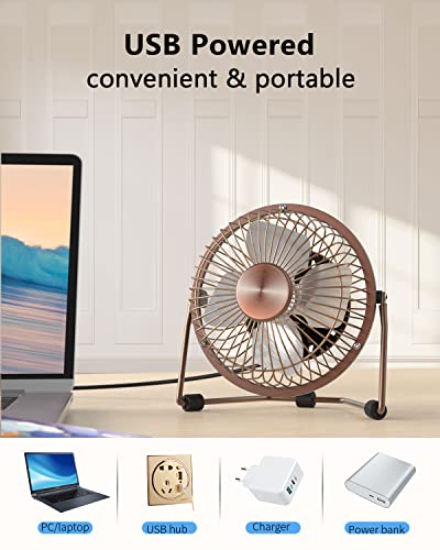 Zuvas Desk Fan Quiet Small USB Fan 360° Rotation Portable Table Fan 2 Speed Mini Personal Fan Air Cooling Electric Fan for Home Office Bedroom Travel Camping, 4 inch Bronze