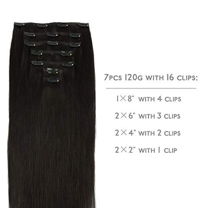 WENNALIFE Clip in Human Hair Extensions, 18 Inch 120g 7pcs Natural Black Hair Extensions Clip In Human Hair Remy Clip in Hair Extensions Real Human Hair Double Weft