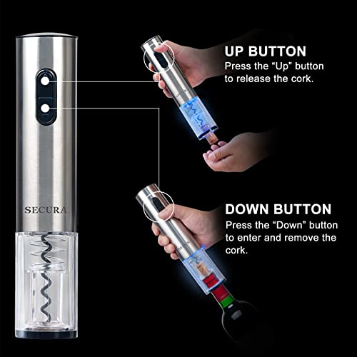 Secura Electric Wine Opener, Automatic Electric Wine Bottle Corkscrew Opener with Foil Cutter, Rechargeable (Stainless Steel)