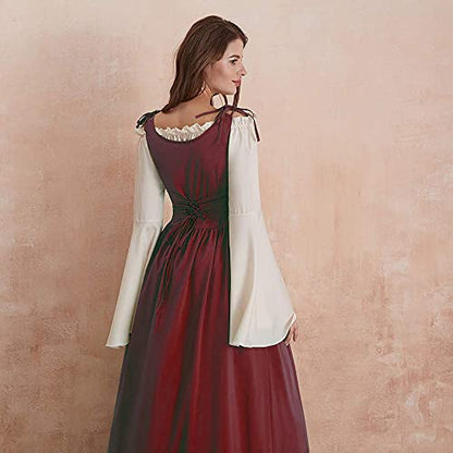 Abaowedding Womens's Medieval Renaissance Costume Cosplay Chemise and Over Dress Small/Large Wine Red and Ivory