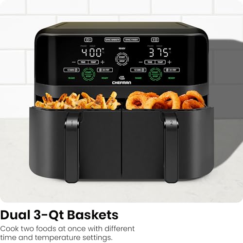 Chefman 6 Quart Dual Basket Air Fryer - Digital Touchscreen, Smart Sync Finish, Hi-Fry, Auto Shutoff, 2 Independent 3QT Nonstick Dishwasher-Safe Frying Baskets - Digital Double Air Fryer - Black