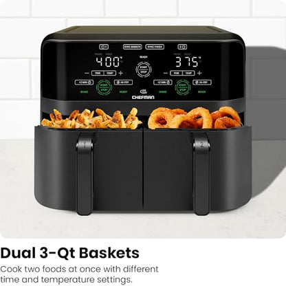 Chefman 6 Quart Dual Basket Air Fryer - Digital Touchscreen, Smart Sync Finish, Hi-Fry, Auto Shutoff, 2 Independent 3QT Nonstick Dishwasher-Safe Frying Baskets - Digital Double Air Fryer - Black