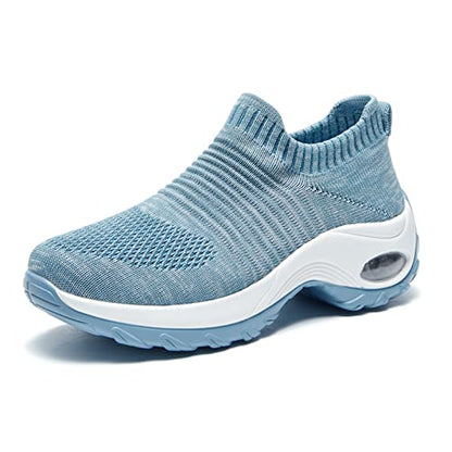 Women's Walking Shoes Sock Sneakers - Breathable Mesh Slip On Lady Girls Work Nursing Easy Shoes Platform Loafers Light Blue 9