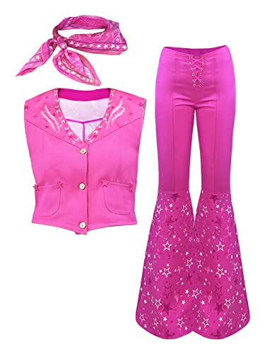 Naywig Cowgirl Outfit 70s 80s Hippie Disco Costume Pink Flare Pant Halloween Cosplay For Women Girls-Medium