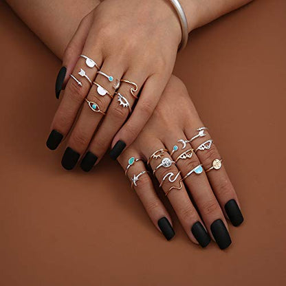 FUTIMELY Boho Retro Stackable Rings Sets for Teens Girls Women,Peak Sea Wave Compass Turquoise Rhinestone Knuckle Joint Finger Kunckle Nail Ring Sets (:1：19PC)