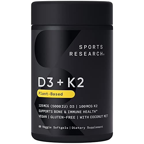 Sports Research Vitamin D3 + K2 with 5000iu of Plant-Based D3 & 100mcg of Vitamin K2 as MK-7 Non-GMO Verified & Vegan Certified,Softgel (60ct)