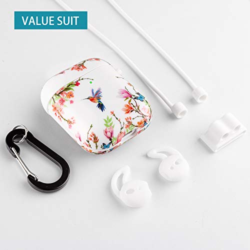 Airpod Case Hummingbird Flowers, Shockproof Hard Case Cover with Keychain for Apple Airpod Case 2nd 1st Generation, Case for Airpod Boys Girls, Front LED Visible, Support to Wireless Charging