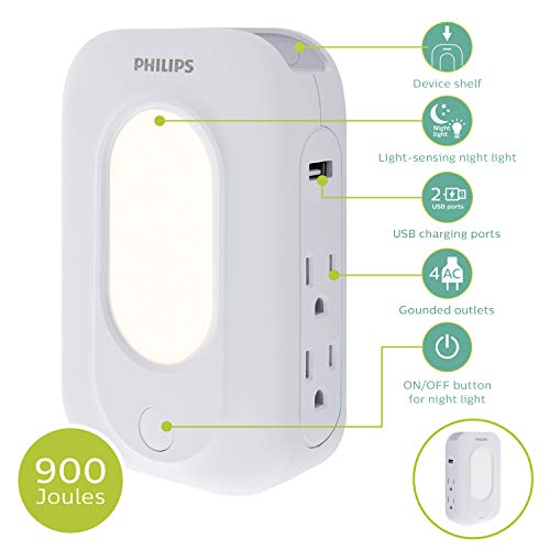 Philips Accessories 4-Outlet Extender 2-USB Surge Protector, Wall Adapter with Light-Sensing Night Light, Side Access, 3-Prong, Charging Station, SPP6241WC/37, White, 1 Pack