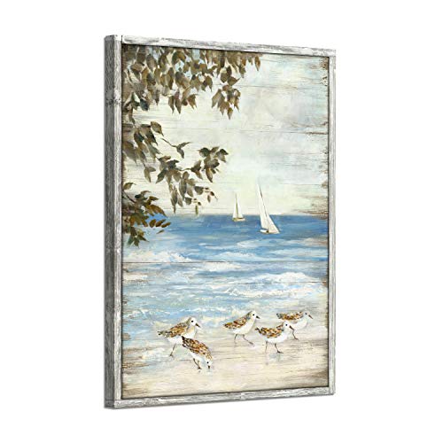 Abstract Coastal Wooden Artwork Framed: Beach Painting Hand Painted Wall Art for Living Room (24" W x 36" H, Multi-Sized)