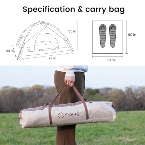 S'more Tirami Instant Setup Camping Tent, Dome Tent Included Rainfly Blocks Wind & Rain, Lightweight and Easy Set Up Outdoor Tent, 1/2 Person Quick Pop Up Tent Great for Hiking, Backing, Marshmallow