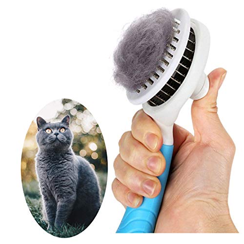 Cat Grooming Brush, Self Cleaning Slicker Brushes for Dogs Cats Pet Brush Tool Gently Removes Loose Undercoat, Mats Tangled Hair Massage-Self (Blue)