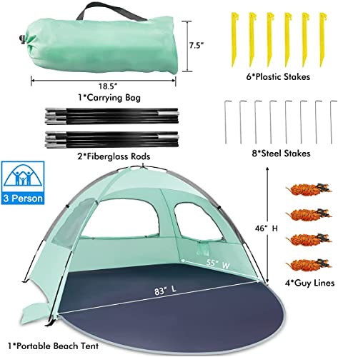 NXONE Beach Tent Sun Shade Shelter for 2-3 Person with UV Protection, Extended Floor, 3 Mesh Roll Up Windows & 8.0mm Fiberglass Rods丨Carry Bag, Stakes, Guy Lines Included (Mint Green)