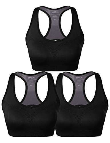 Match Womens Sports Bra Wirefree Seamless Padded Racerback Yoga Bra for Workout Gym Activewear with Removable Pads #001(1 Pack of 3(Black),M)