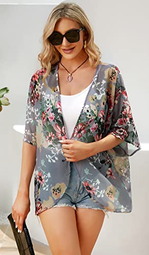 Women's Floral Print Puff Sleeve Kimono Cardigan Loose Cover Up Casual Blouse Tops(Dark Grey,L)