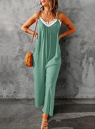 Dokotoo Women's Loose Jumpsuits for Women Adjustable Spaghetti Strap Stretchy Wide Leg Solid One Piece Sleeveless Long Pant Romper Jumpsuit with Pockets Green Small