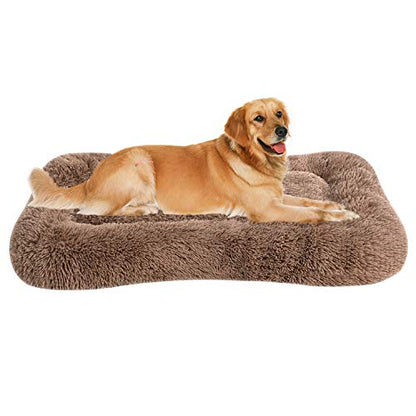 Coohom Deluxe Plush Bed Pet Cushion Crate Mat,Fulffy Comfy Kennel Anti-Slip Washable Pad for Medium Large X-Large Dogs(X-Large, Khaki)