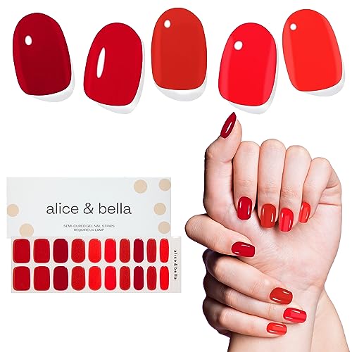 Alice & Bella - Semi Cured Gel Nail Strips - Gradient Red Skittles Manicure - Nail Art Kit Semicured gel nail stickers with UV Light - Holiday Art Wraps for Nails Christmas Polish Set