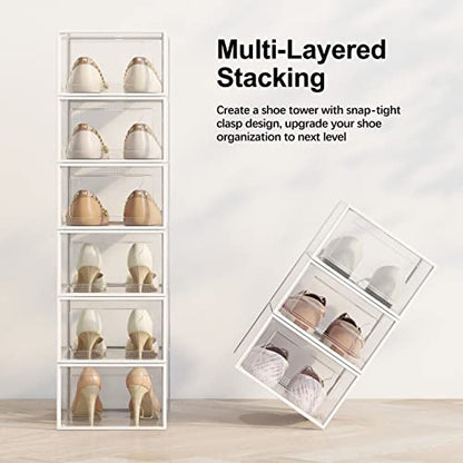 SEE SPRING Large 12 Pack Shoe Storage Box, Clear Plastic Stackable Shoe Organizer for Closet, Space Saving Foldable Shoe Rack Sneaker Container Bin Holder