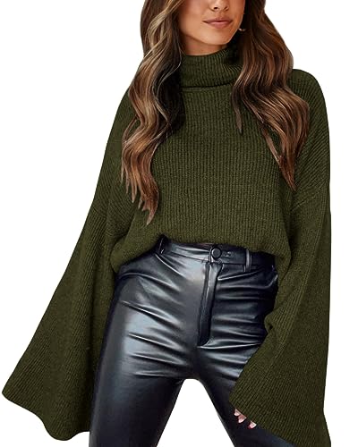 BTFBM Women's Turtleneck Pullover Sweaters 2023 Fall Winter Bell Long Sleeve Slouchy Oversized Ribbed Knit Jumper Tops(Solid Army Green, X-Large)